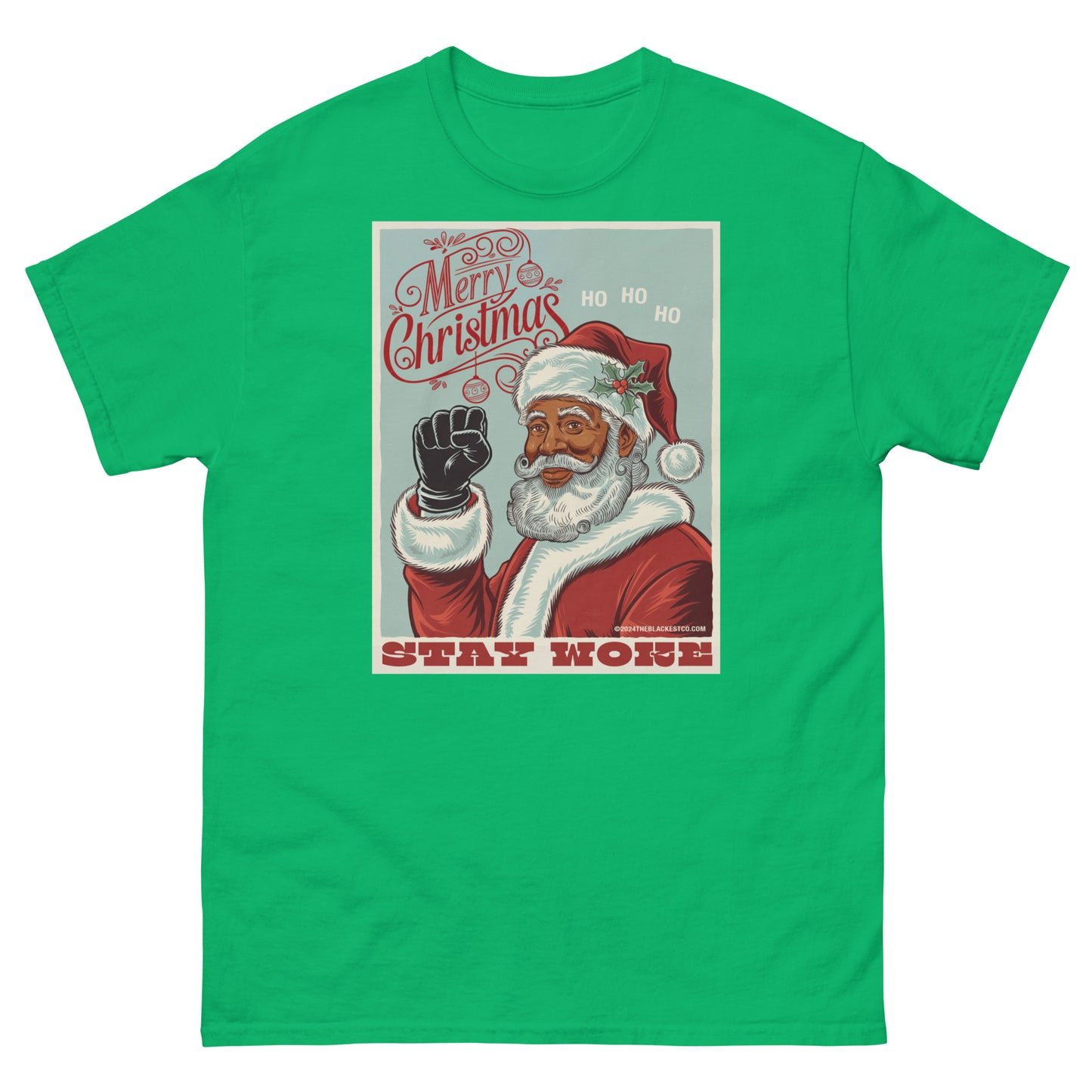 Green Black Santa Stay Woke Unisex Staple T-Shirt featuring vintage Black Santa illustration and 'Stay Woke' slogan, perfect for holiday wear.