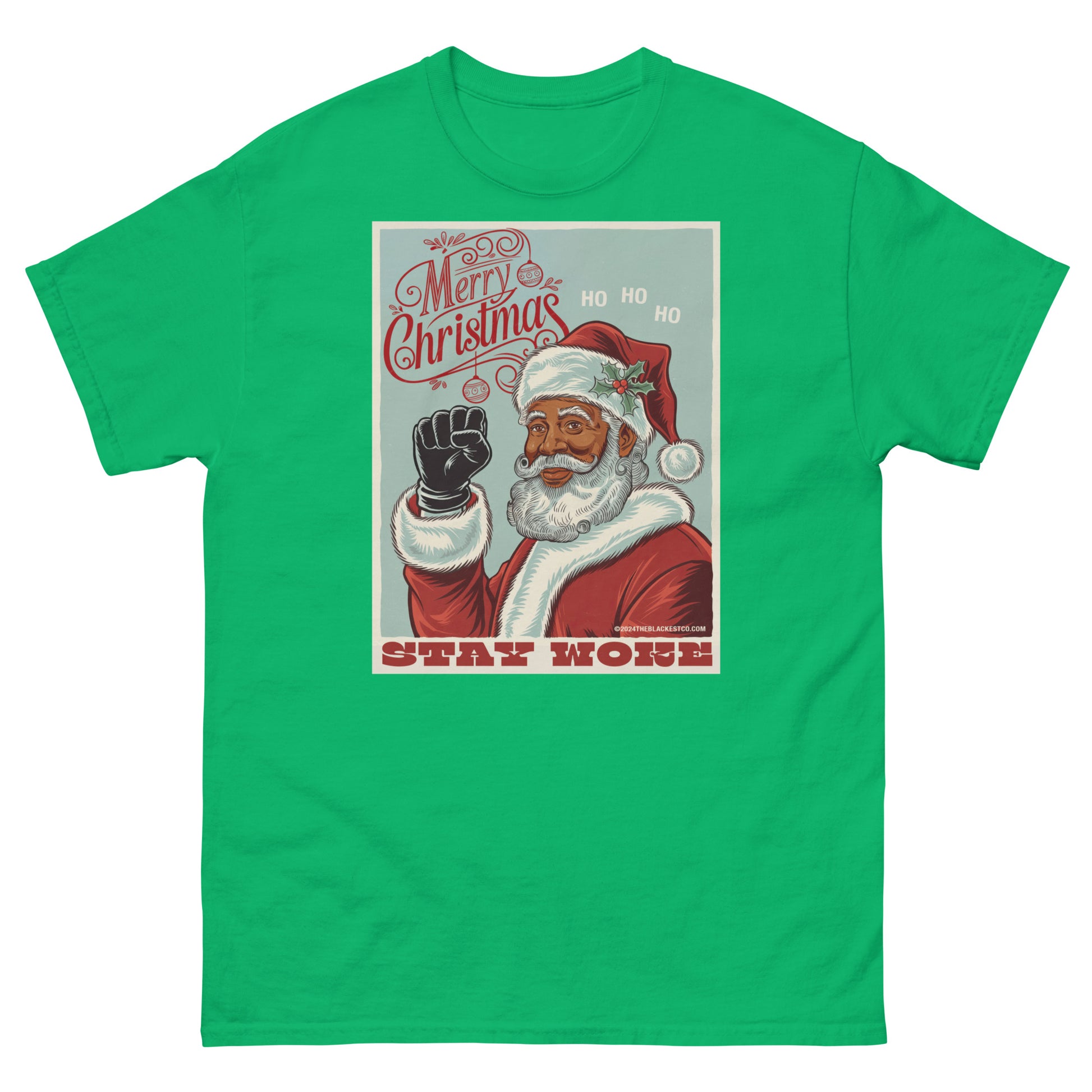 Green Black Santa Stay Woke Unisex Staple T-Shirt featuring vintage Black Santa illustration and 'Stay Woke' slogan, perfect for holiday wear.