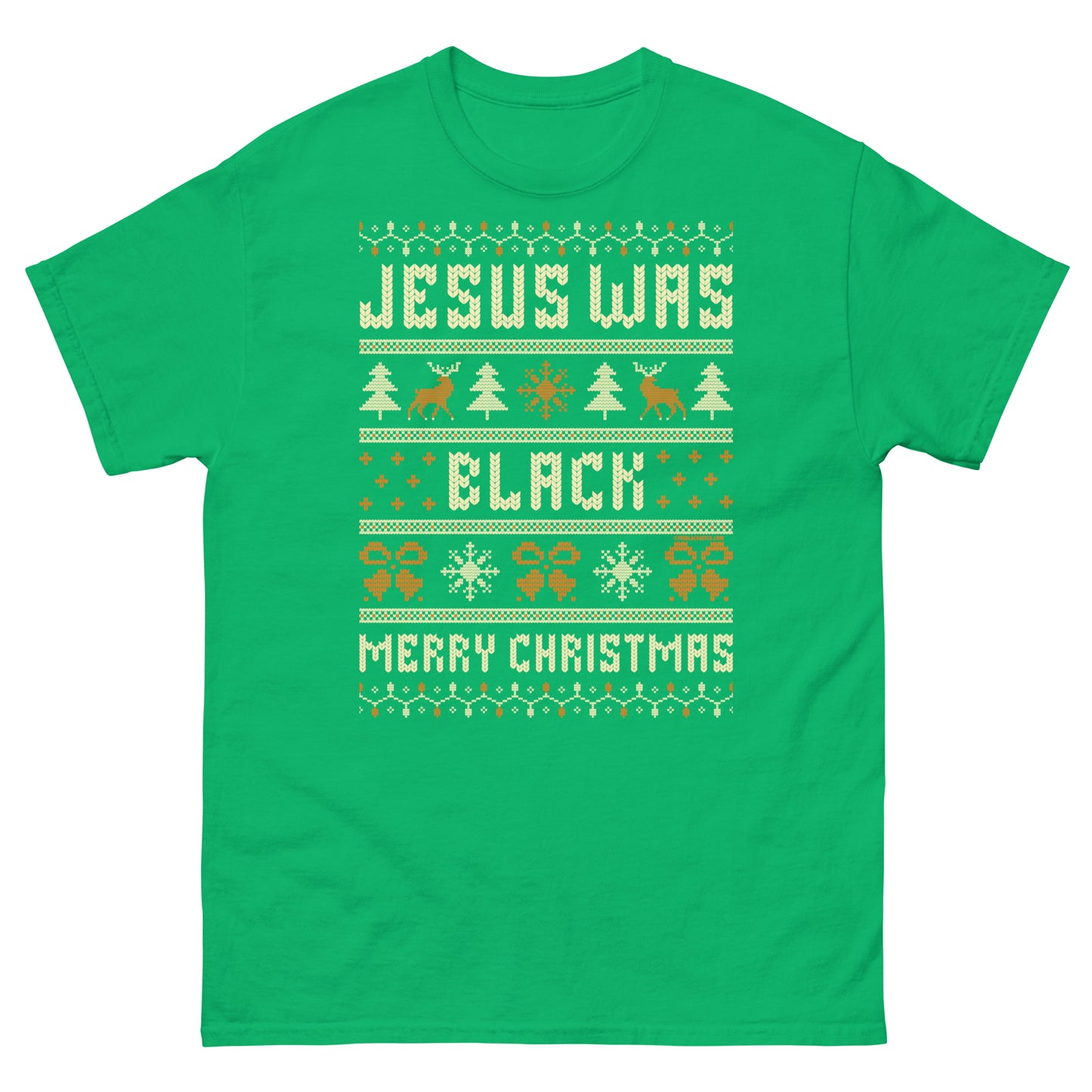 Bright green Jesus Was Black Merry Christmas Unisex T-Shirt by TheBlackest Co., with festive holiday graphics and bold Christmas message.