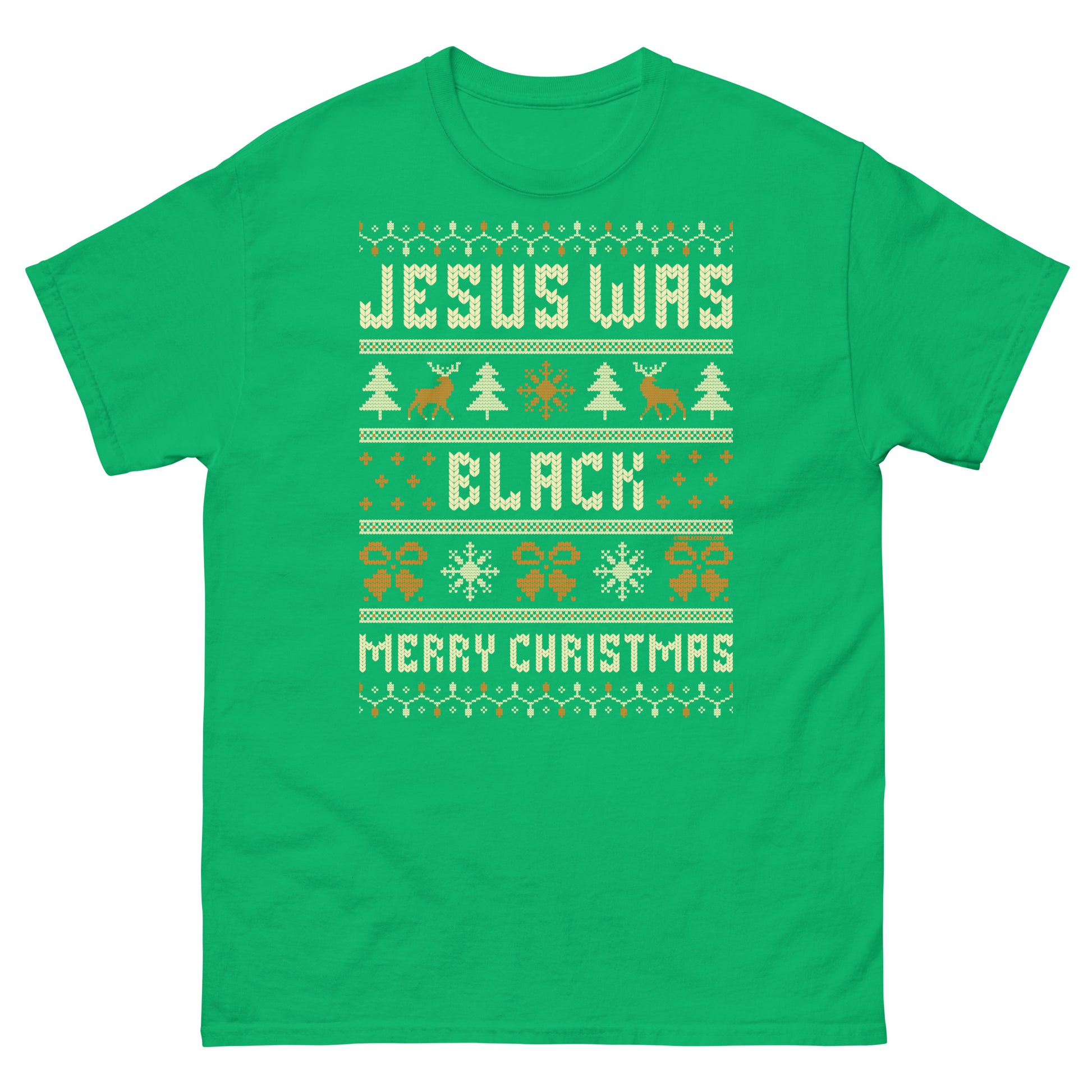 Bright green Jesus Was Black Merry Christmas Unisex T-Shirt by TheBlackest Co., with festive holiday graphics and bold Christmas message.