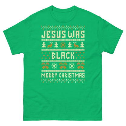 Bright green Jesus Was Black Merry Christmas Unisex T-Shirt by TheBlackest Co., with festive holiday graphics and bold Christmas message.