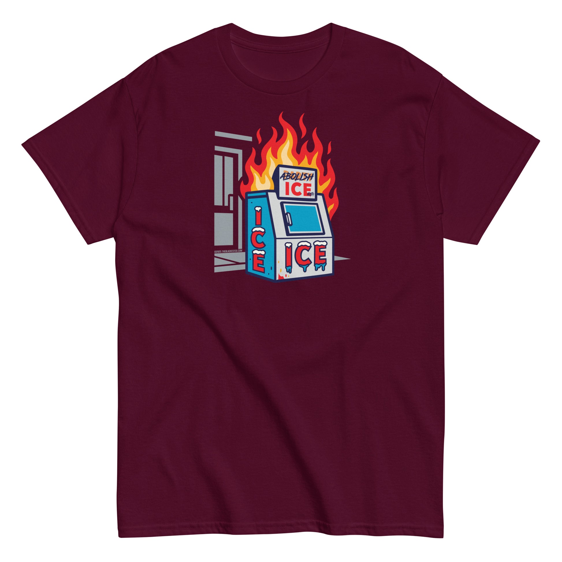 Maroon Abolish ICE Statement Staple Unisex T-Shirt with bold flaming ice machine graphic, part of activist apparel by TheBlackest Co.