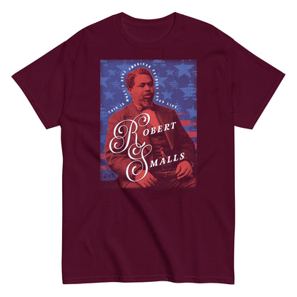 Maroon Robert Smalls Real American Patriot Unisex T-shirt with vintage portrait and USA flag background, honoring Black American hero.