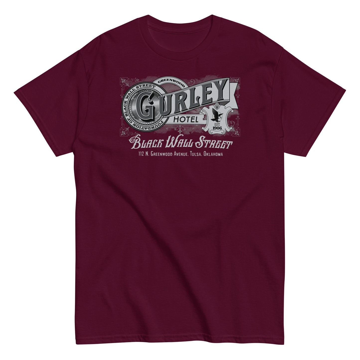 Maroon vintage Gurley Hotel unisex T-shirt with Black Wall Street graphic design