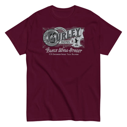Maroon vintage Gurley Hotel unisex T-shirt with Black Wall Street graphic design