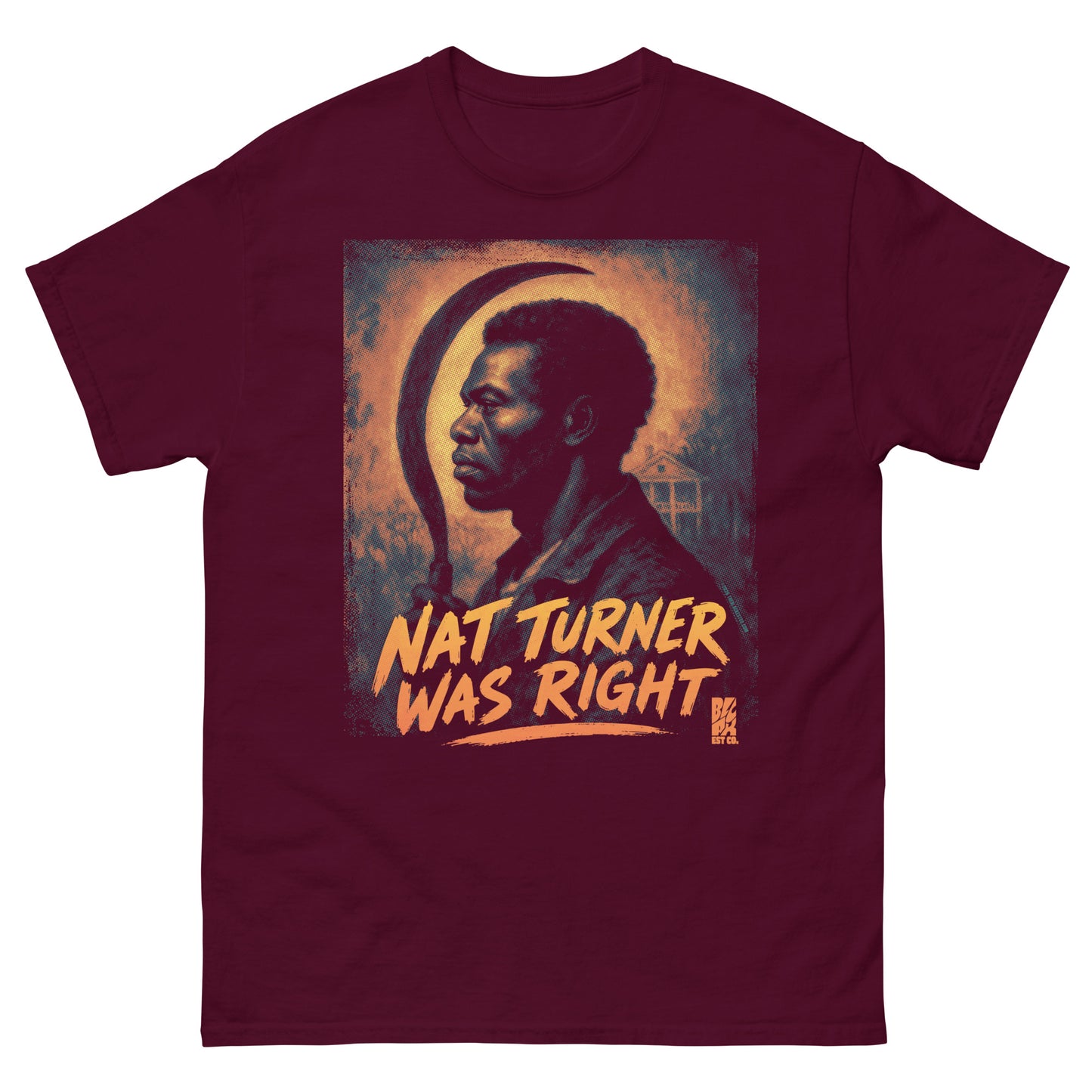 Maroon T-shirt with a graphic of Nat Turner and orange text, cotton fabric, size large, front view