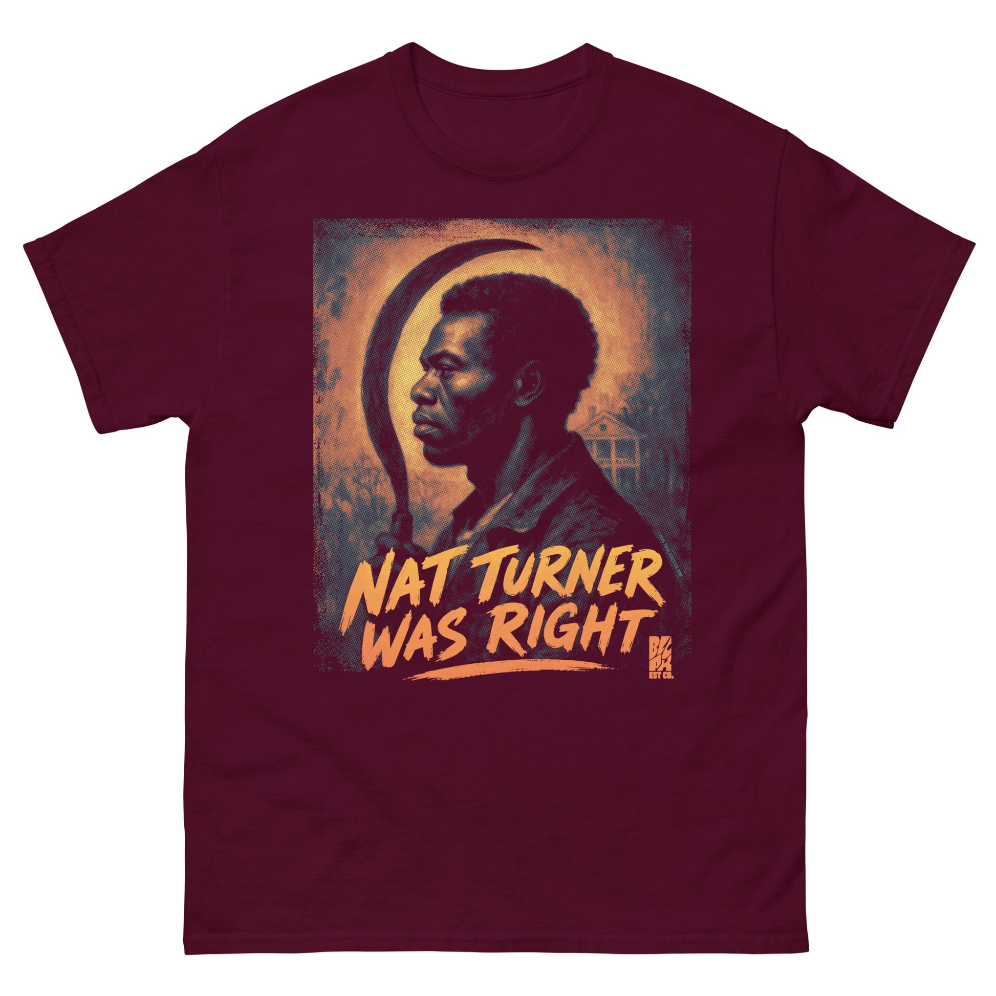 Maroon T-shirt with a graphic of Nat Turner and orange text, cotton fabric, size large, front view
