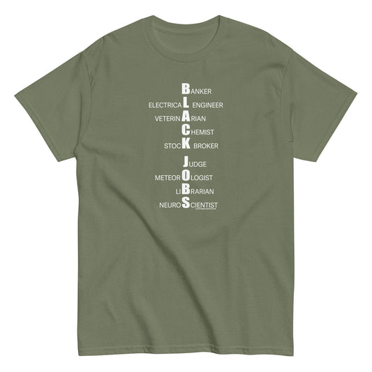 Olive green t-shirt with vertical black jobs list design.