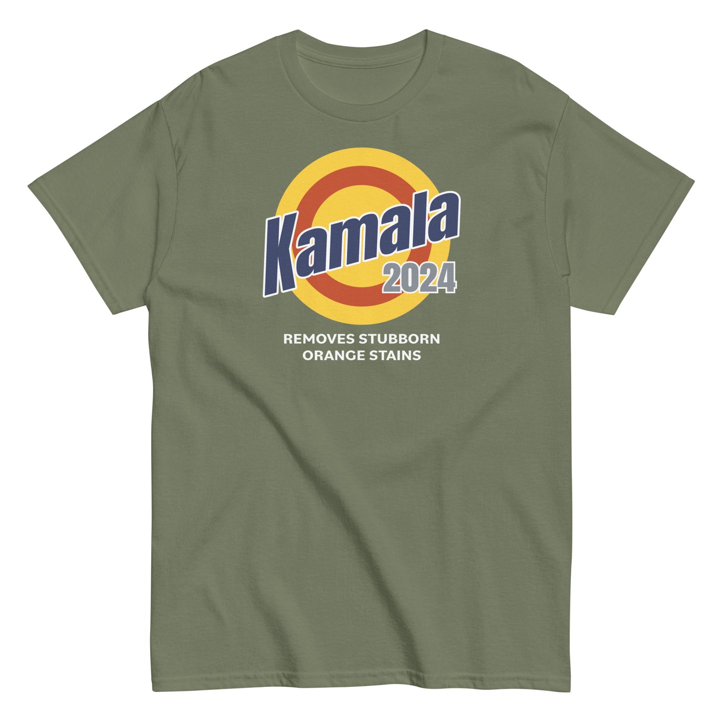 Unisex classic tee in military green with short sleeves, kamala removes stubborn orange stains design