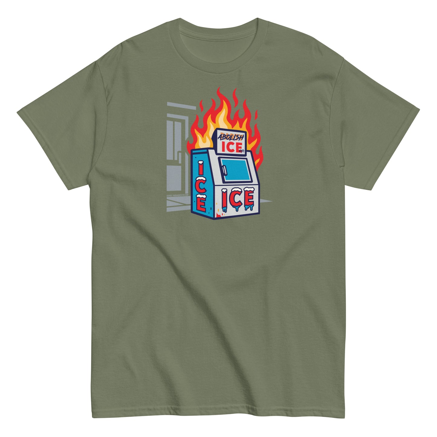 Olive green Abolish ICE Statement Staple Unisex T-Shirt featuring activist-themed flaming ice machine artwork by TheBlackest Co.