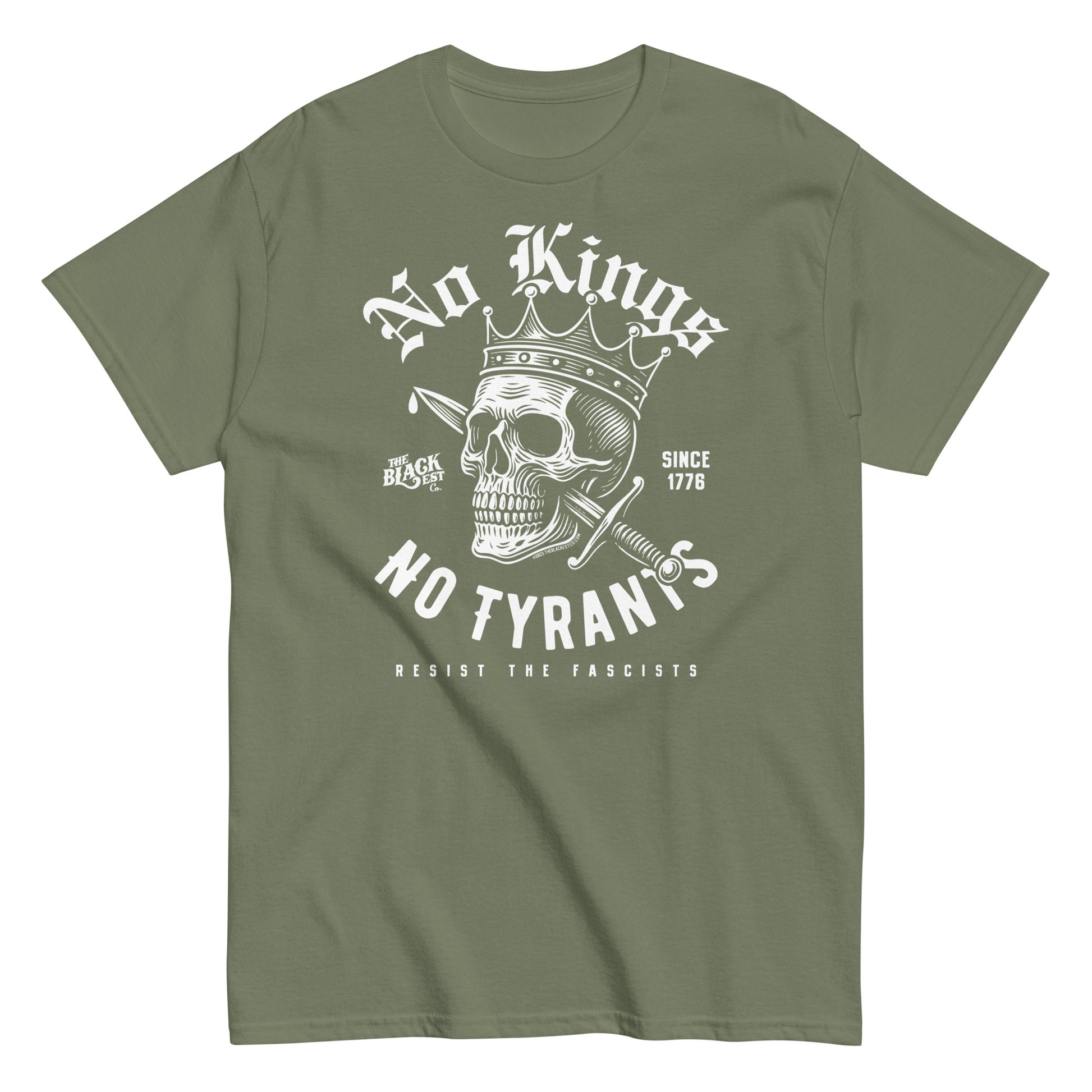 Olive green No Kings No Tyrants Skull Protest T-Shirt by TheBlackest Co. featuring bold skull and crown graphic, structured cotton protest tee.
