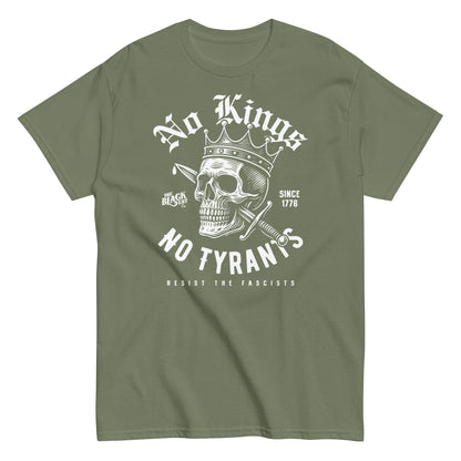 Olive green No Kings No Tyrants Skull Protest T-Shirt by TheBlackest Co. featuring bold skull and crown graphic, structured cotton protest tee.