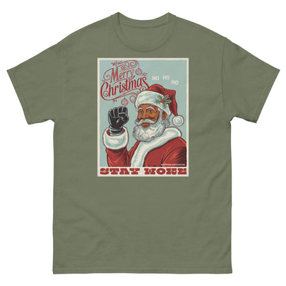 Olive green Black Santa Stay Woke Unisex Staple T-Shirt with retro holiday print and raised fist graphic, available in multiple sizes.