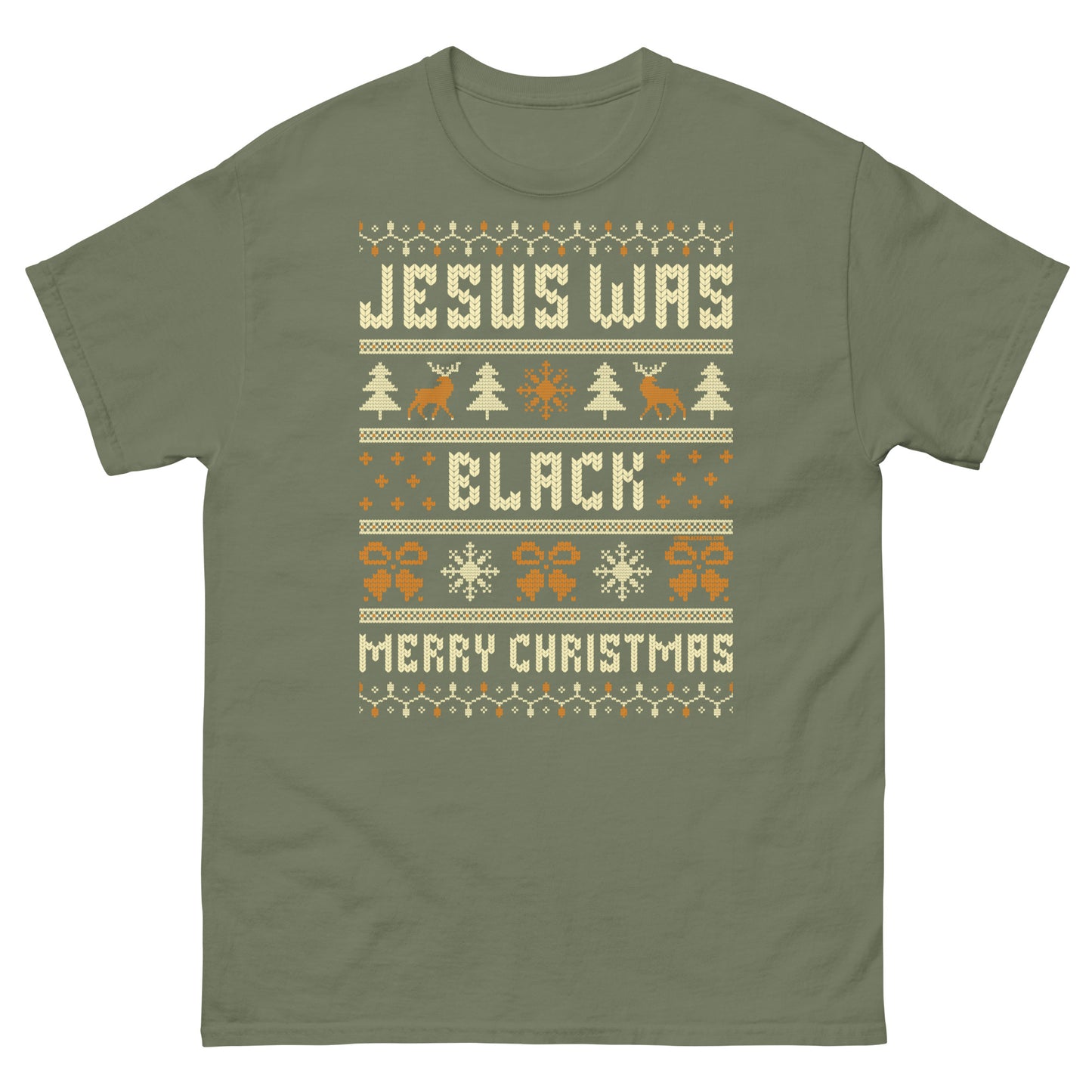 Olive green Jesus Was Black Merry Christmas Unisex T-Shirt by TheBlackest Co., featuring holiday knit-style print and humorous message.