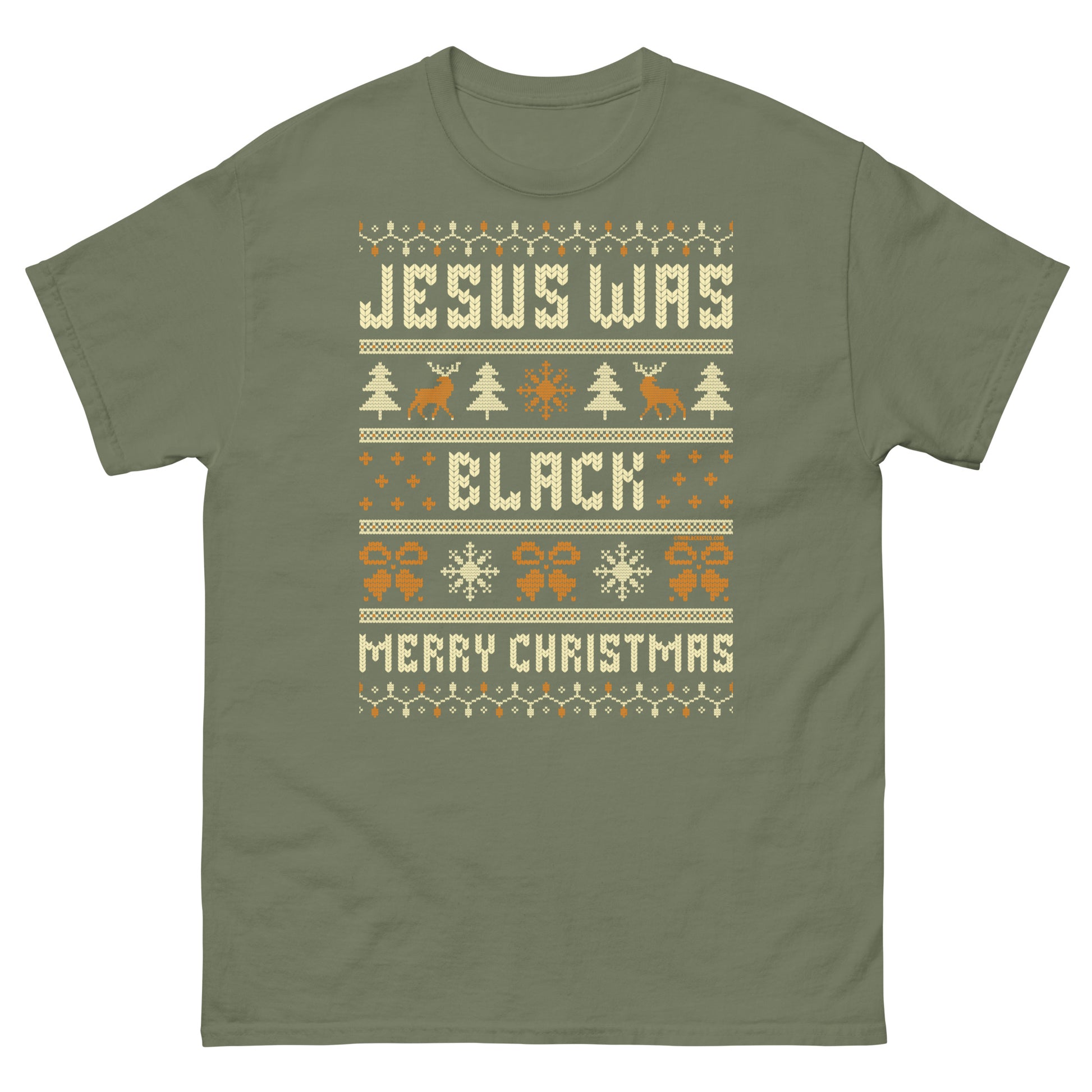 Olive green Jesus Was Black Merry Christmas Unisex T-Shirt by TheBlackest Co., featuring holiday knit-style print and humorous message.