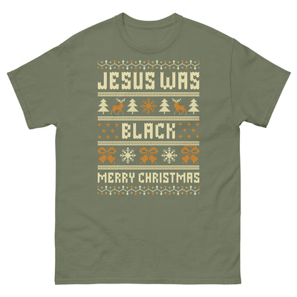 Olive green Jesus Was Black Merry Christmas Unisex T-Shirt by TheBlackest Co., featuring holiday knit-style print and humorous message.