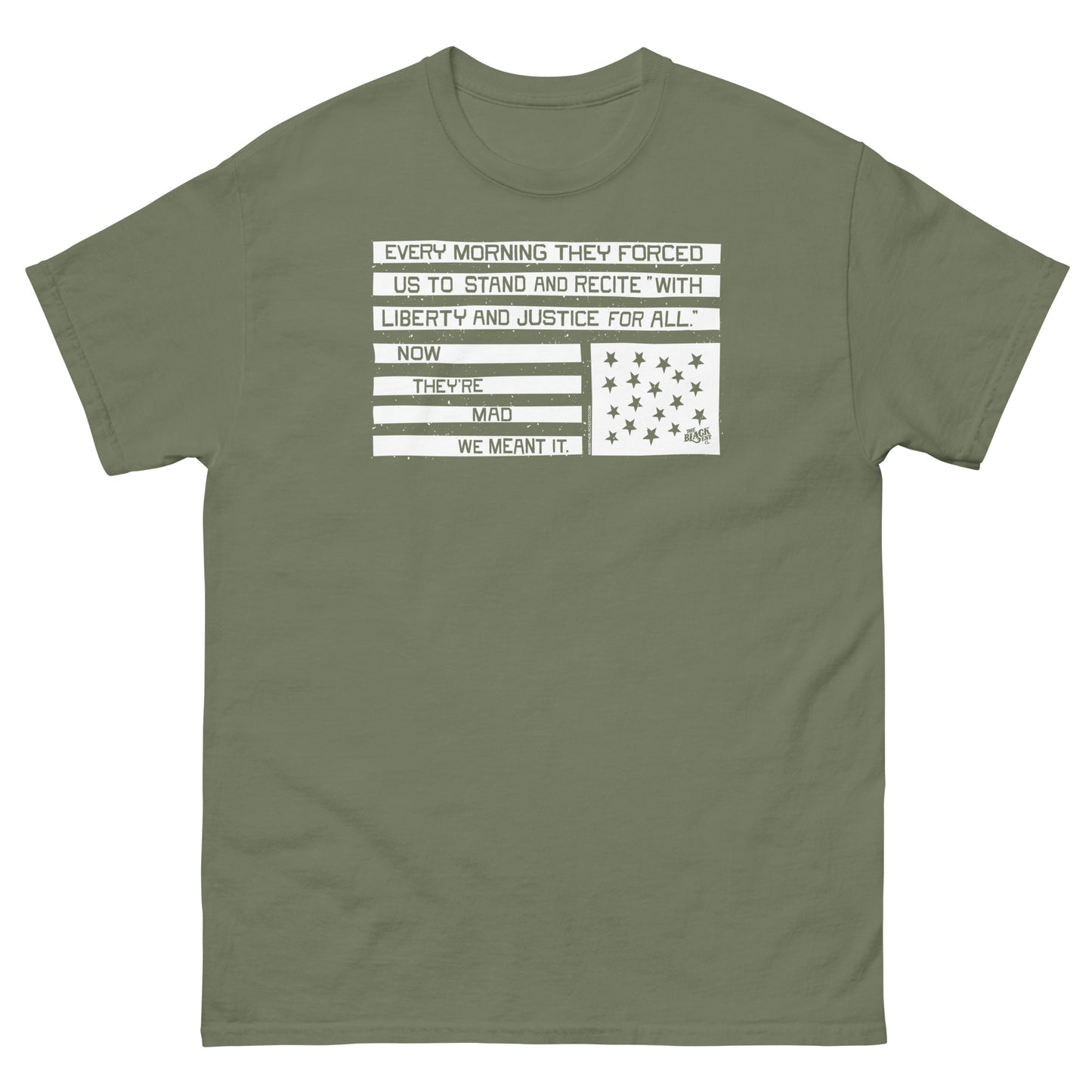 Olive green unisex graphic t-shirt with liberty and justice protest design