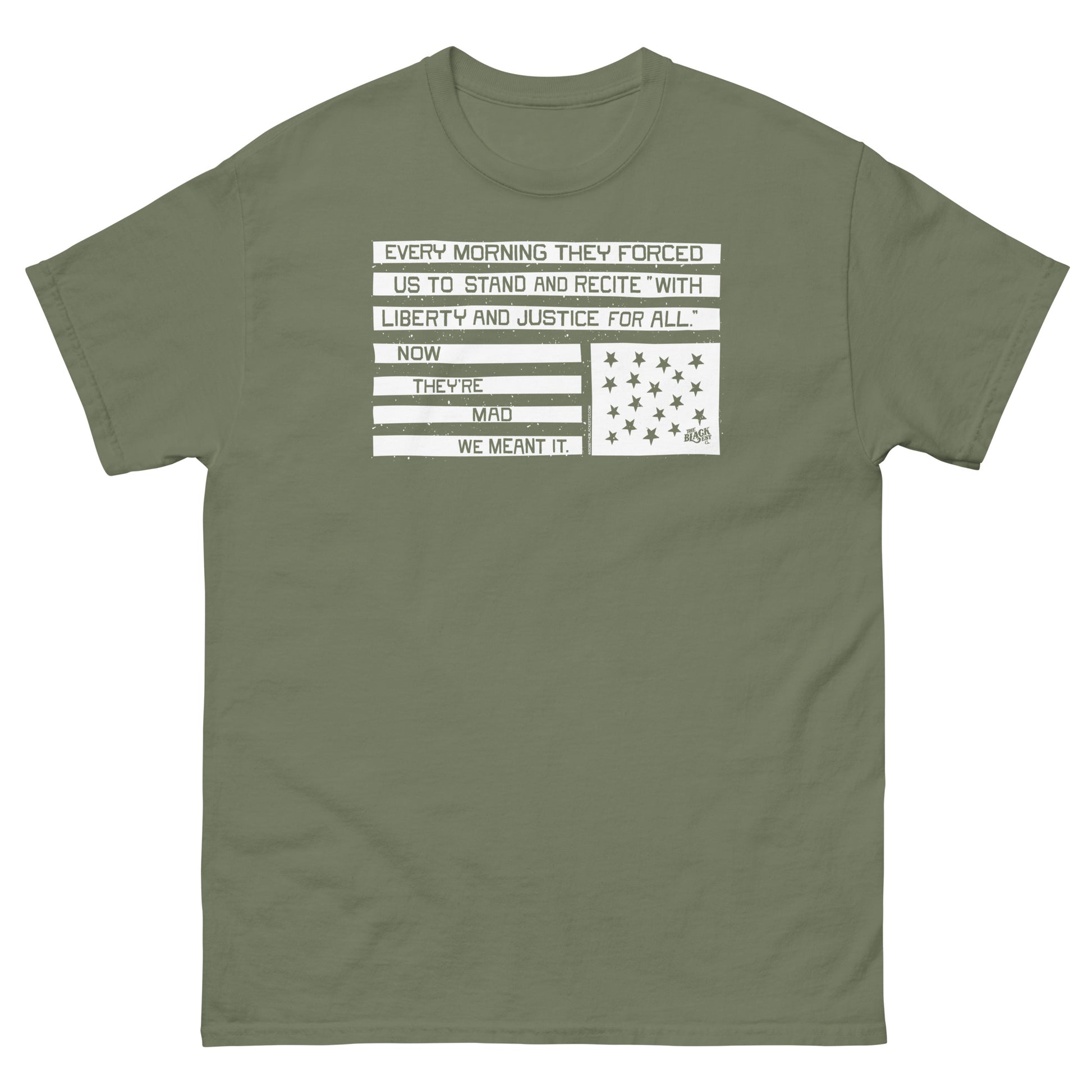 Olive green unisex graphic t-shirt with liberty and justice protest design