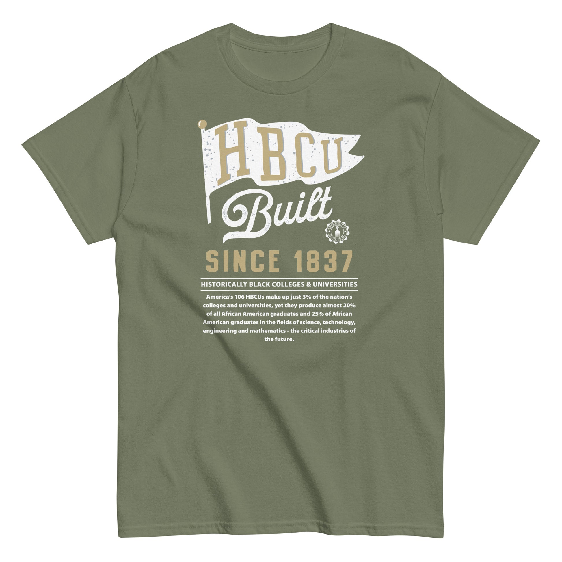 HBCU Built unisex graphic T-shirt in olive green with historical college pride design