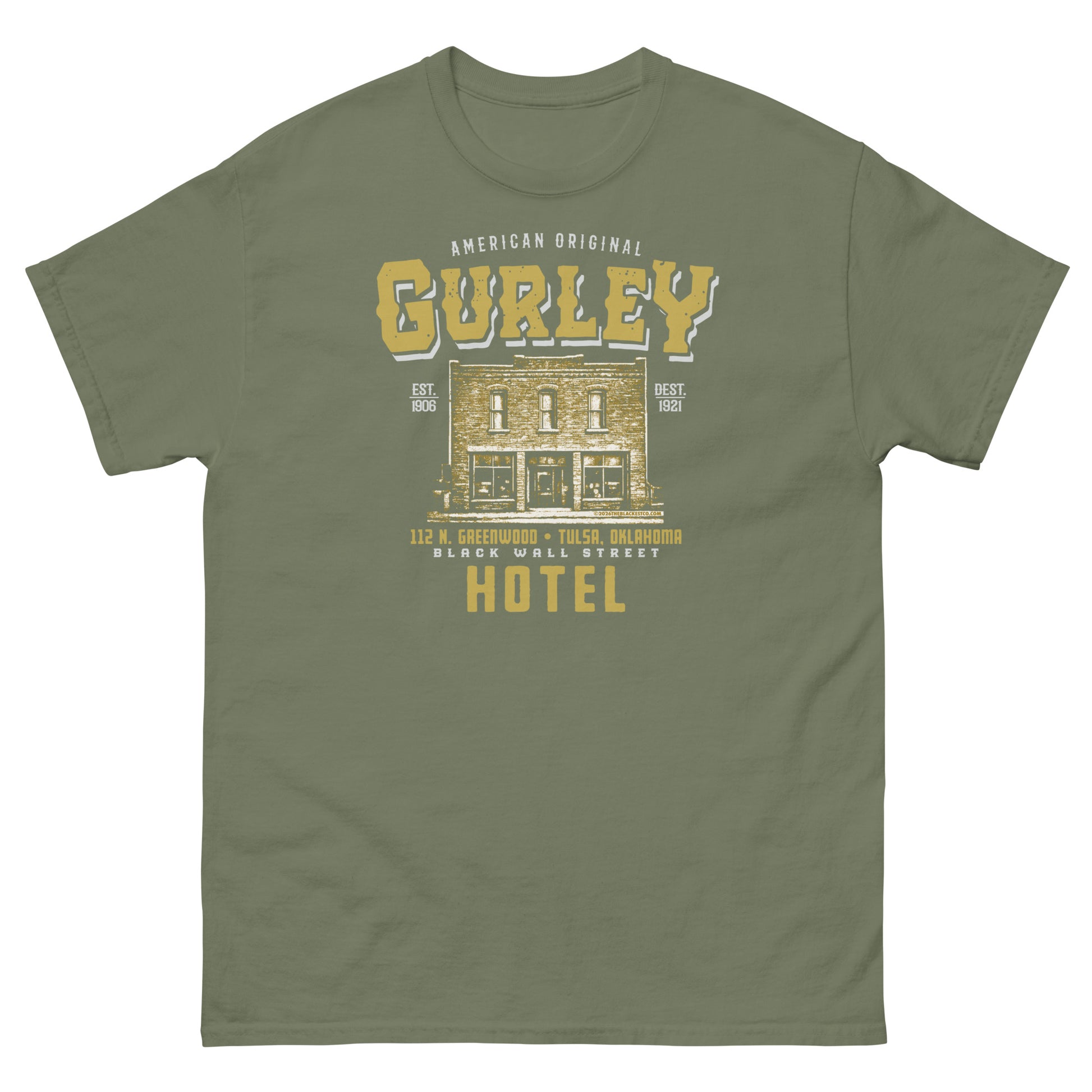 Olive Green Gurley American Original T-shirt with historic hotel graphic