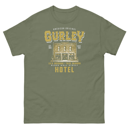 Olive Green Gurley American Original T-shirt with historic hotel graphic
