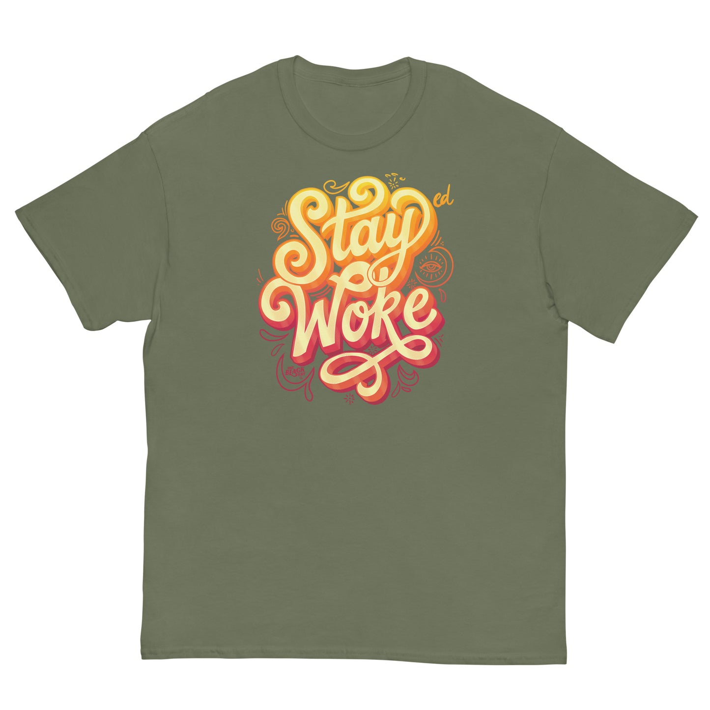 Olive Green T-Shirt with Stay Woke graphic in yellow and orange
