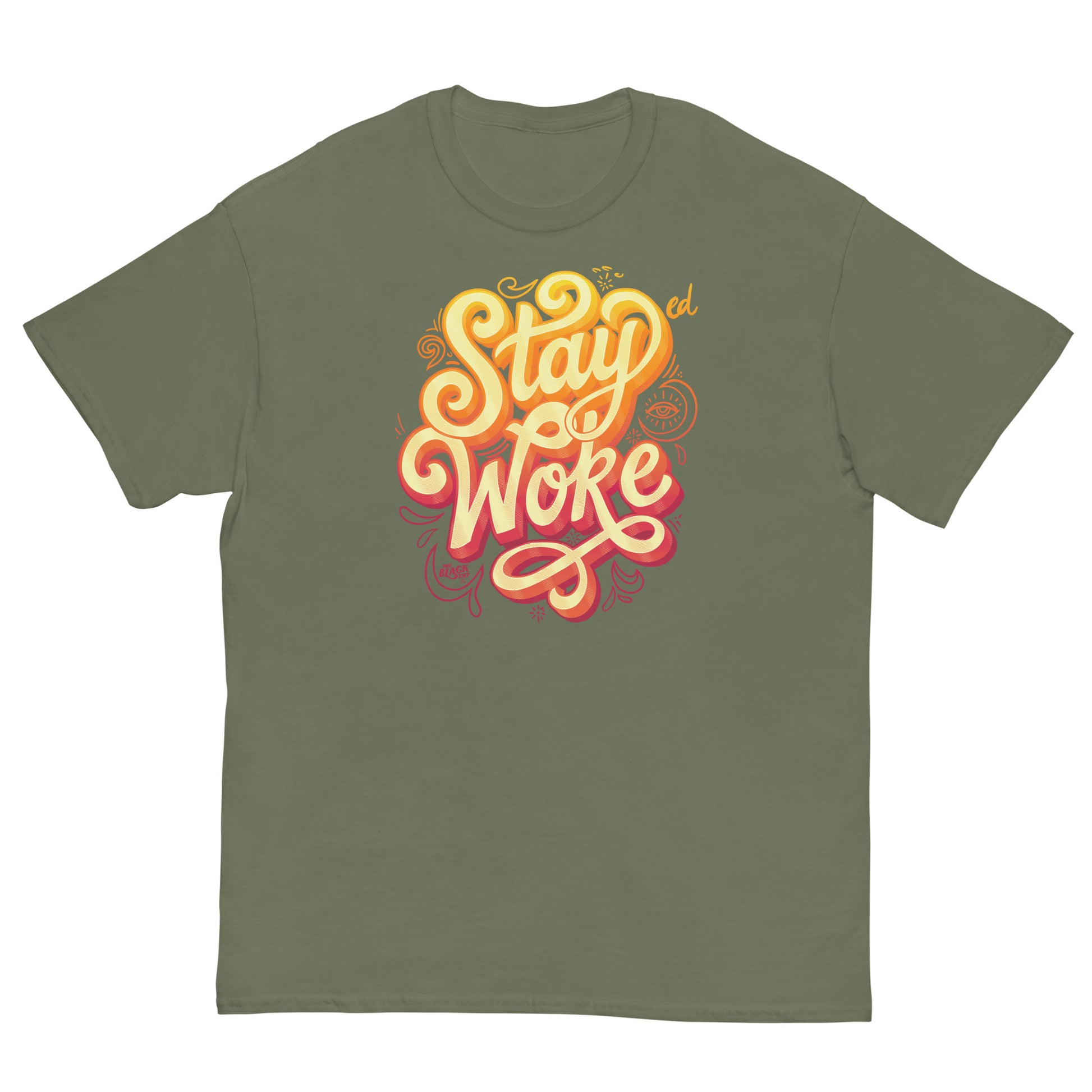 Olive Green T-Shirt with Stay Woke graphic in yellow and orange