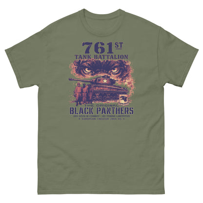 military green T-shirt with Black Panthers WWII graphic design and text
