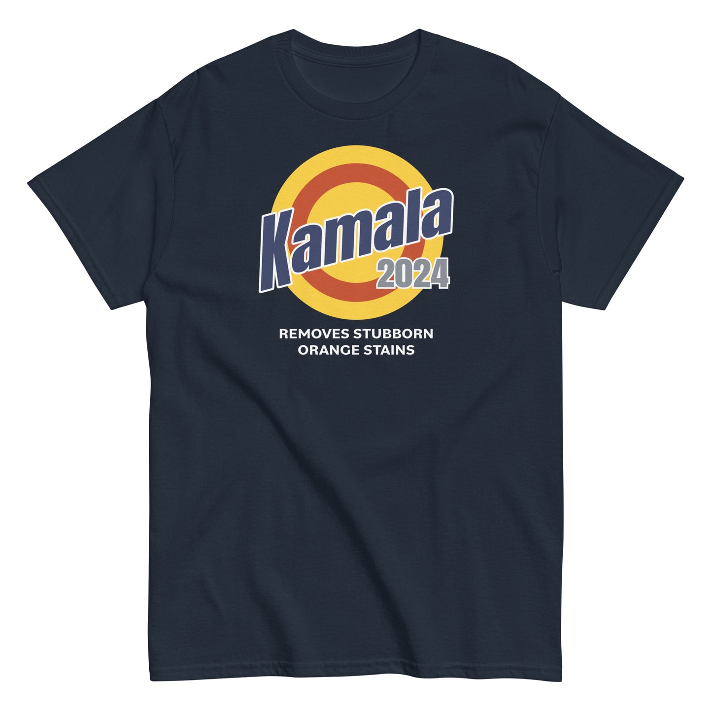 Unisex classic navy tee, soft cotton, relaxed fit, size medium, kamala removes stubborn orange stains design