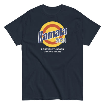 Unisex classic navy tee, soft cotton, relaxed fit, size medium, kamala removes stubborn orange stains design