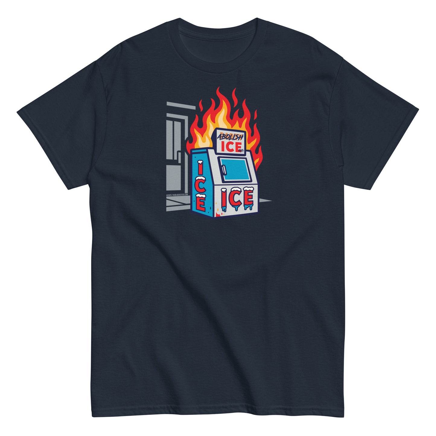 Navy blue Abolish ICE Statement Staple Unisex T-Shirt from TheBlackest Co., featuring a protest-themed ice machine illustration.