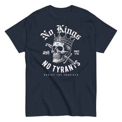 Navy blue No Kings No Tyrants Skull Protest T-Shirt by TheBlackest Co. with white skull and crown graphic, structured cotton activist streetwear.