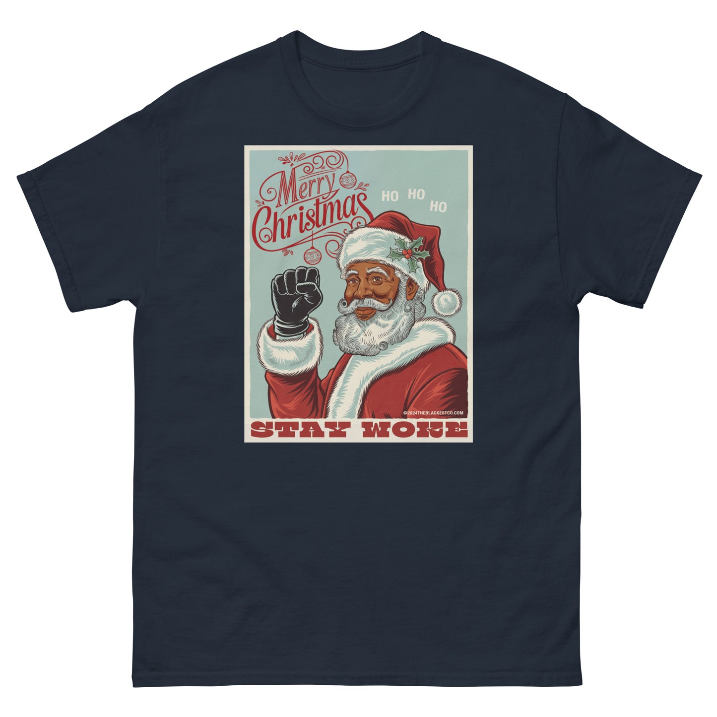 Navy Black Santa Stay Woke Unisex Staple T-Shirt with festive and cultural graphic, ideal for Christmas parties and statement streetwear.