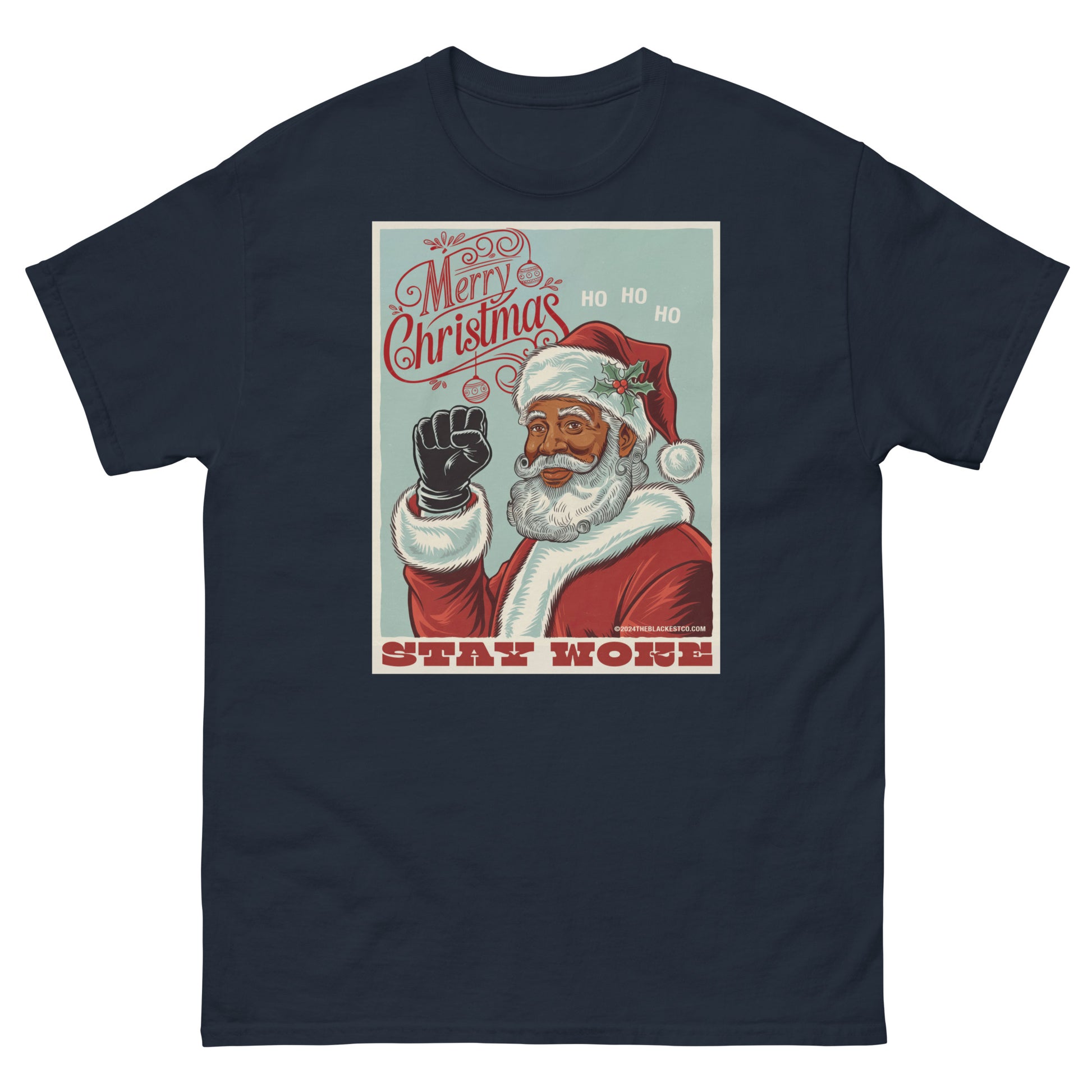 Navy Black Santa Stay Woke Unisex Staple T-Shirt with festive and cultural graphic, ideal for Christmas parties and statement streetwear.