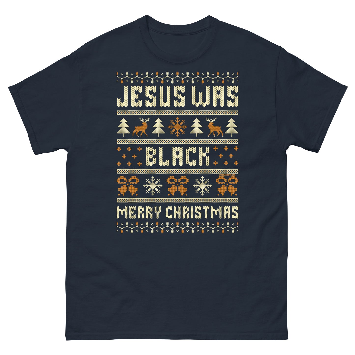 Navy blue Jesus Was Black Merry Christmas Unisex T-Shirt by TheBlackest Co., featuring graphic holiday design with reindeer and trees.