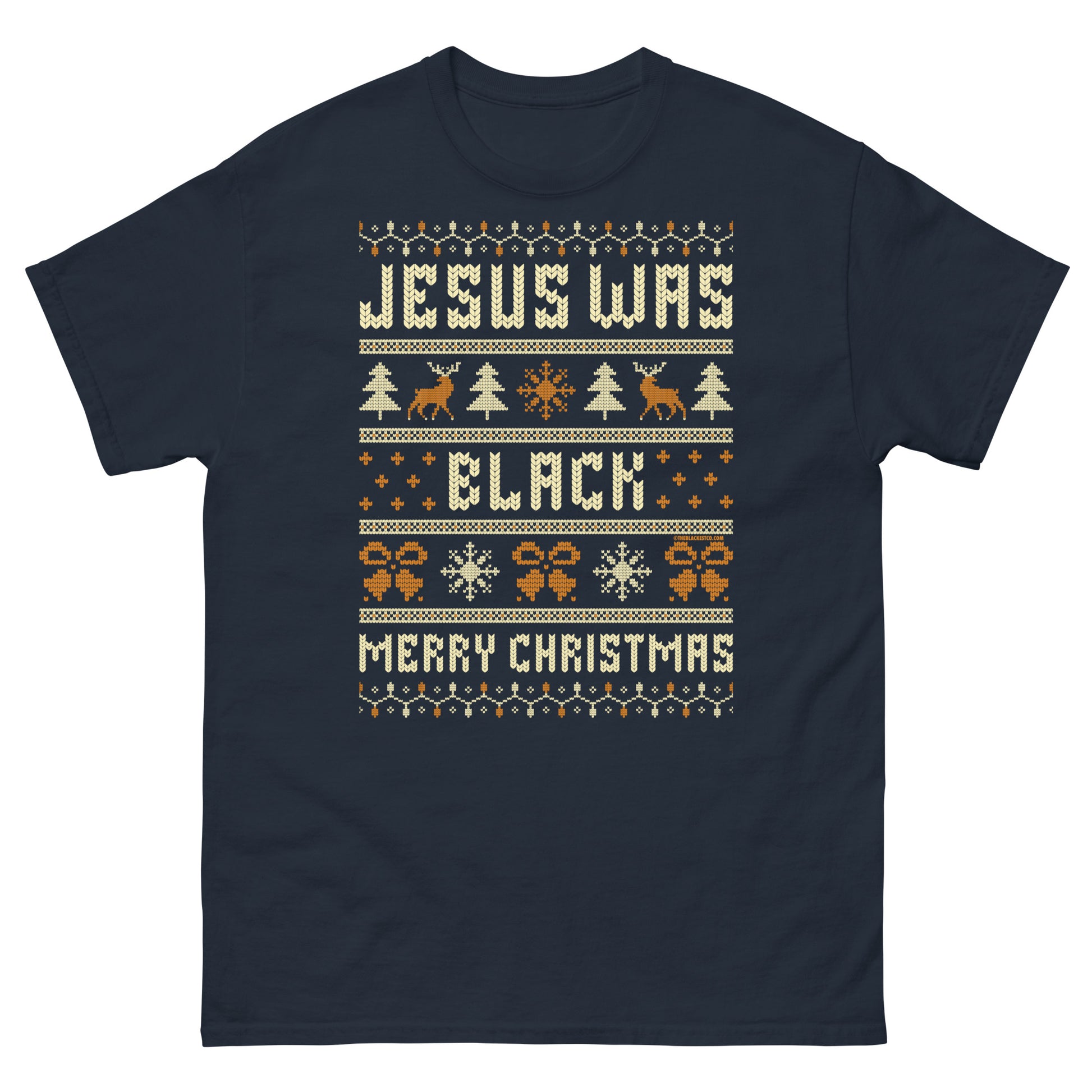 Navy blue Jesus Was Black Merry Christmas Unisex T-Shirt by TheBlackest Co., featuring graphic holiday design with reindeer and trees.