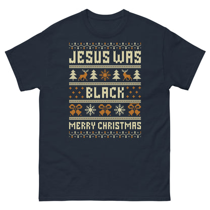 Navy blue Jesus Was Black Merry Christmas Unisex T-Shirt by TheBlackest Co., featuring graphic holiday design with reindeer and trees.