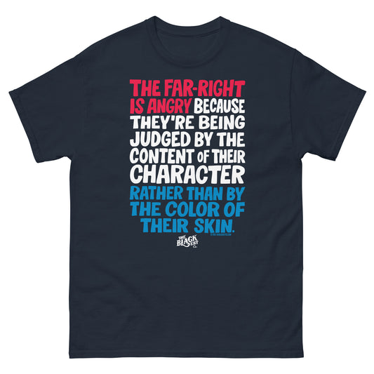 Why The Far Right Is Angry RWB T-Shirt by TheBlackest Co. in navy with bold red, white, and blue political quote print. Unisex cotton tee.