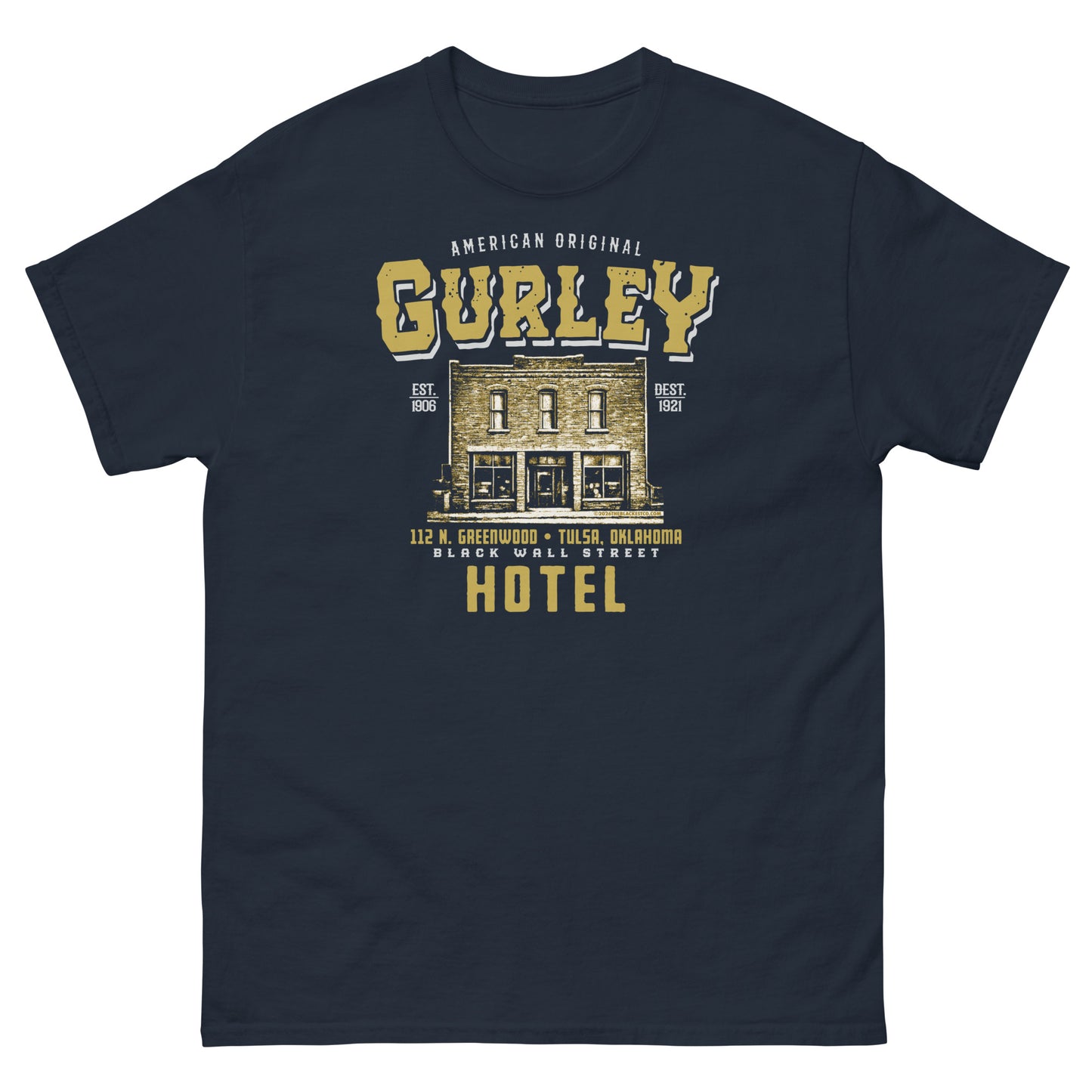Navy Gurley American Original T-shirt with historic hotel graphic