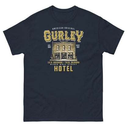 Navy Gurley American Original T-shirt with historic hotel graphic