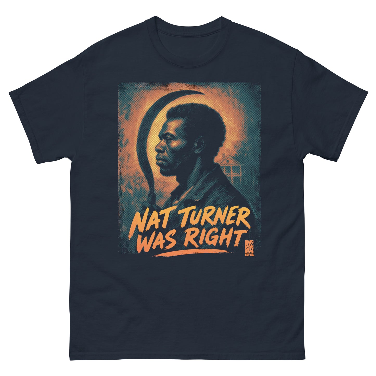 Dark green T-shirt featuring a graphic of Nat Turner with orange text, cotton material, size large, front view