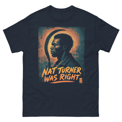 Dark green T-shirt featuring a graphic of Nat Turner with orange text, cotton material, size large, front view