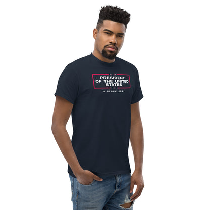 Man posing in navy 'President of The United States A Black Job' t-shirt