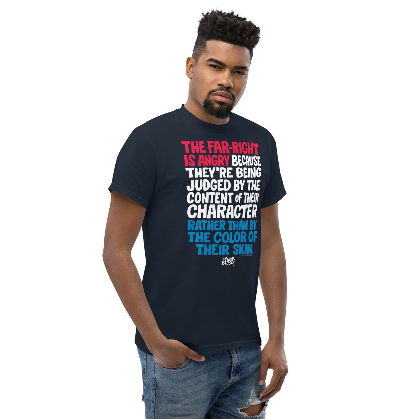 Why The Far Right Is Angry RWB T-Shirt by TheBlackest Co. shown on male model. Navy unisex tee with progressive quote in red, white, and blue.