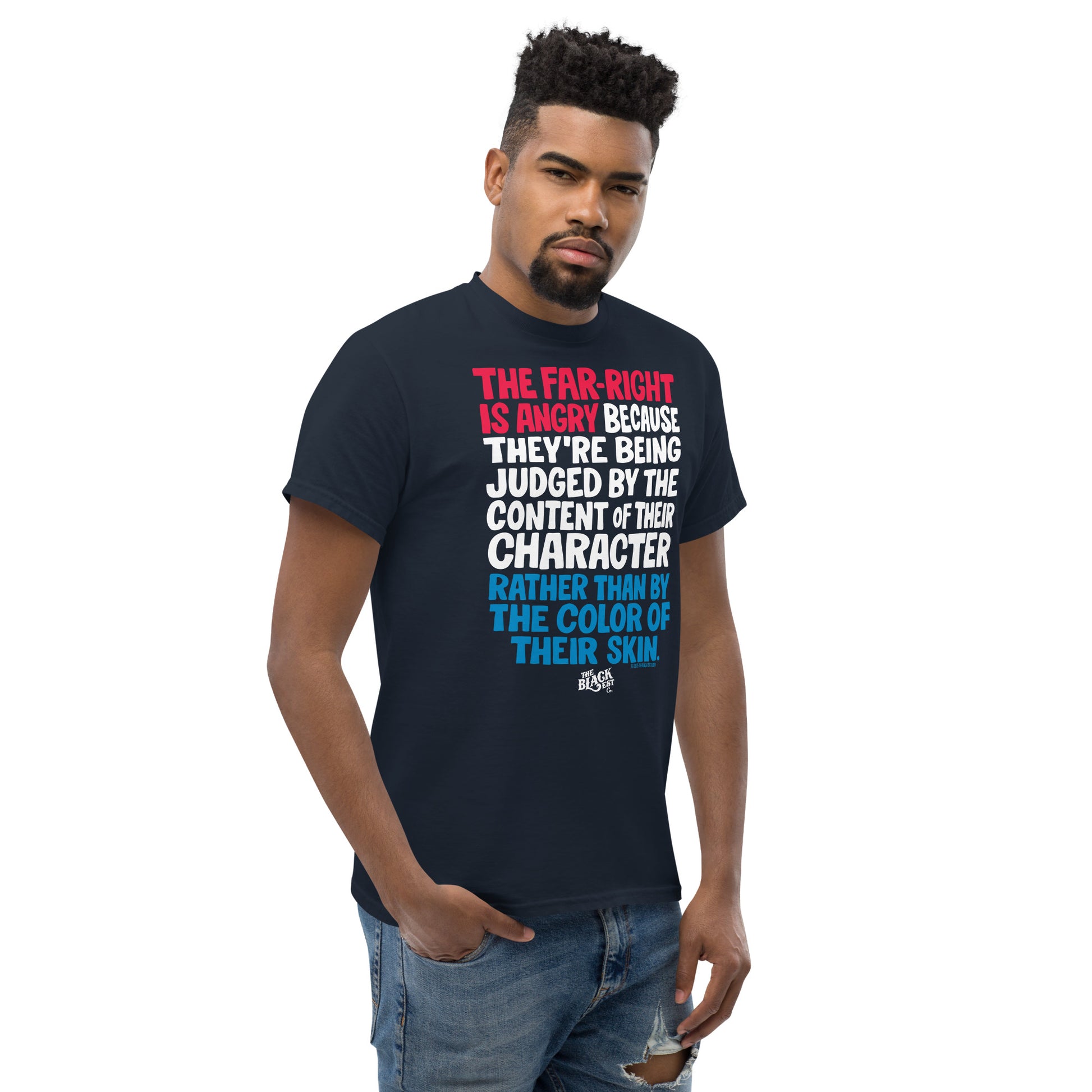 Why The Far Right Is Angry RWB T-Shirt by TheBlackest Co. shown on male model. Navy unisex tee with progressive quote in red, white, and blue.