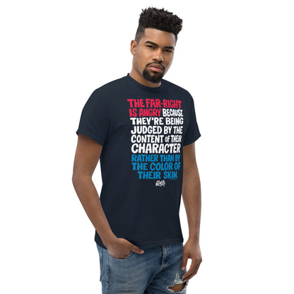 Why The Far Right Is Angry RWB T-Shirt by TheBlackest Co. shown on male model. Navy unisex tee with progressive quote in red, white, and blue.