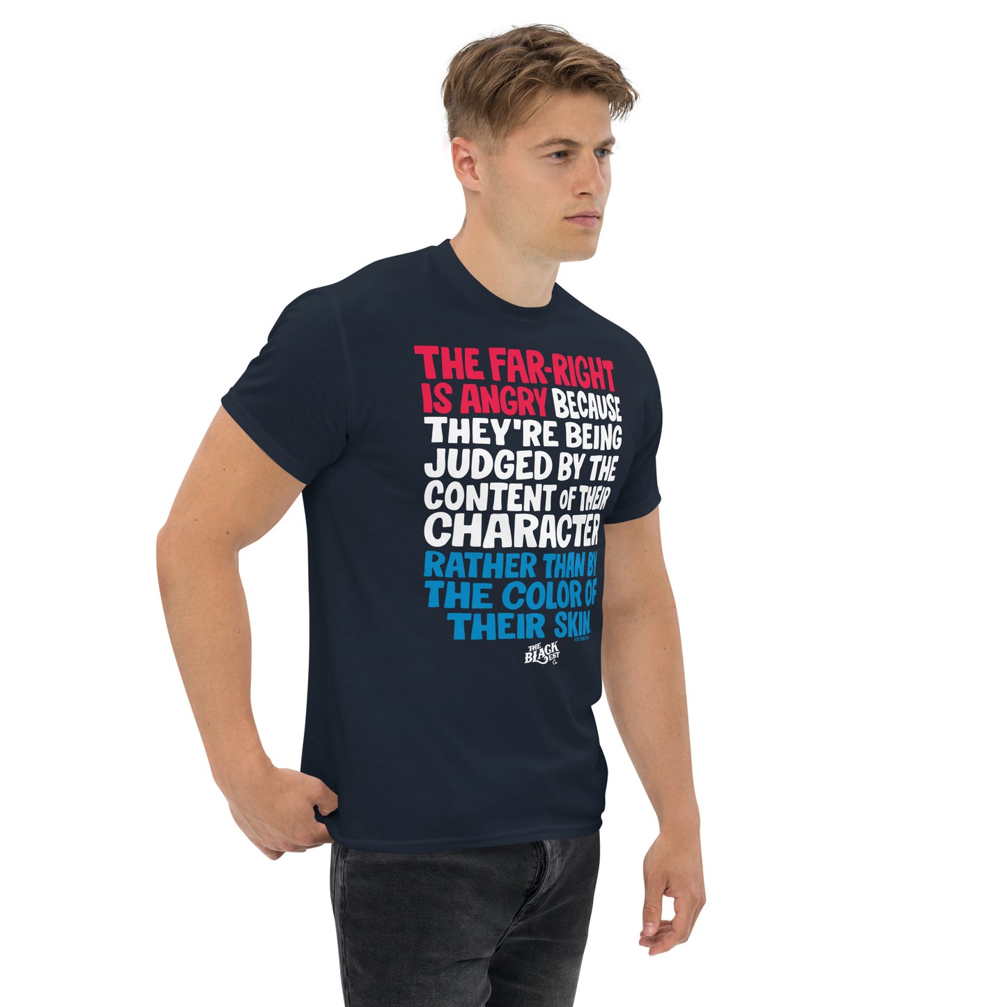 Model wearing Why The Far Right Is Angry RWB T-Shirt by TheBlackest Co. in navy. Statement political tee with bold multicolor text.