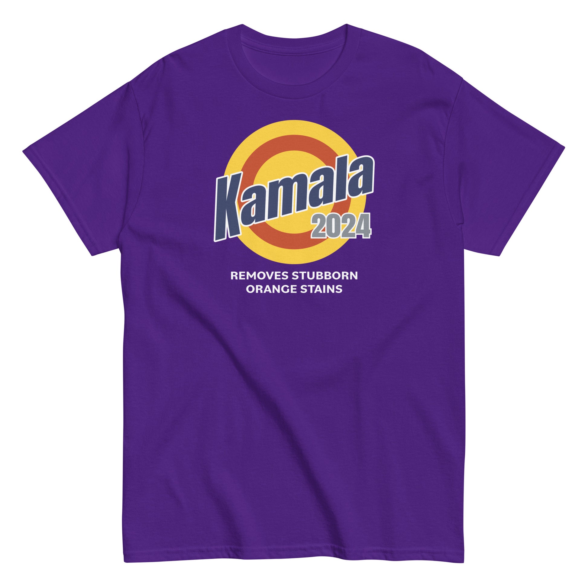 Unisex classic purple tee featuring a crew neck and soft fabric, kamala removes stubborn orange stains design