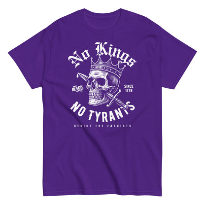 Purple No Kings No Tyrants Skull Protest T-Shirt by TheBlackest Co. featuring bold white skull design, anti-fascist unisex streetwear tee.