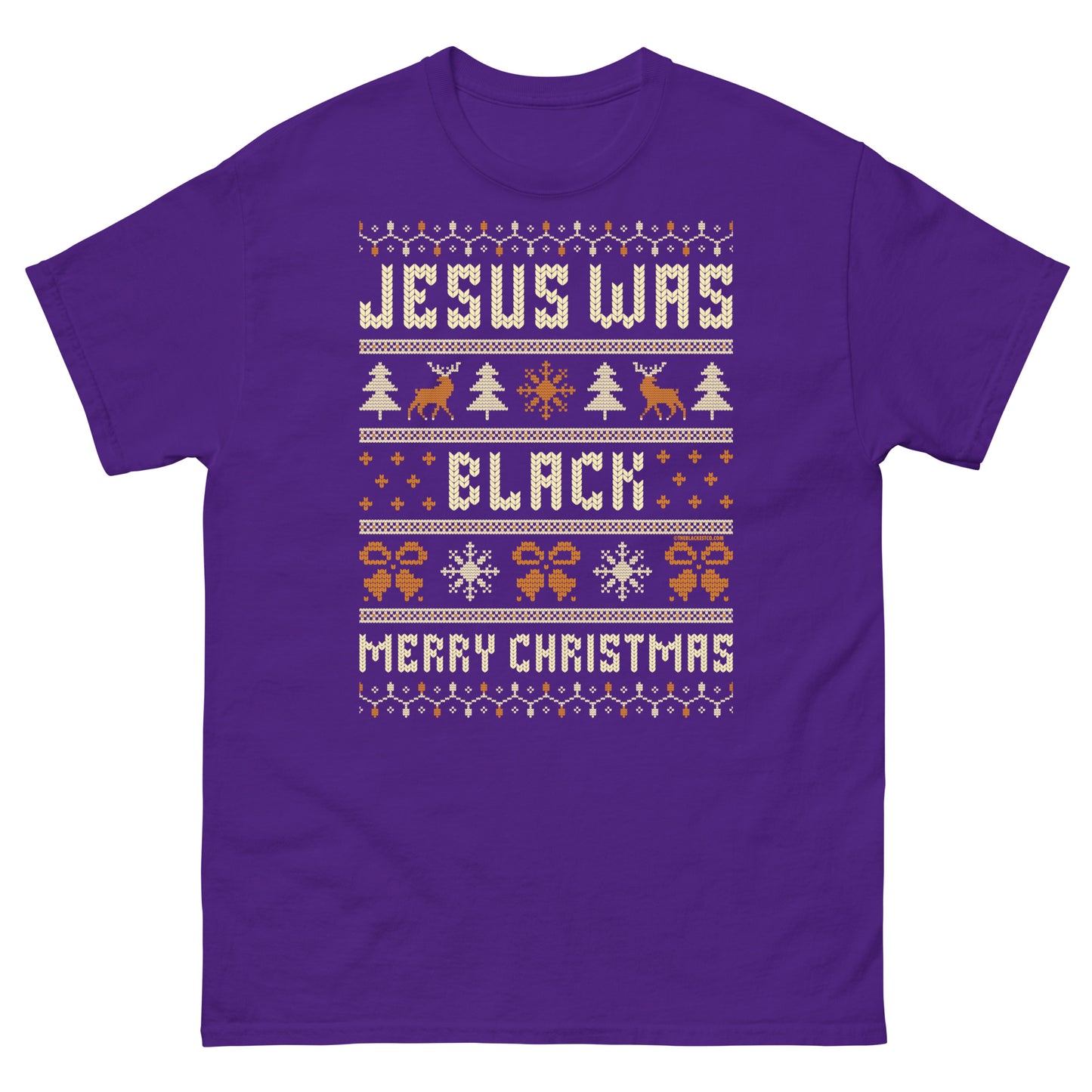 Purple Jesus Was Black Merry Christmas Unisex T-Shirt by TheBlackest Co., with humorous Christmas design and bold cultural message.